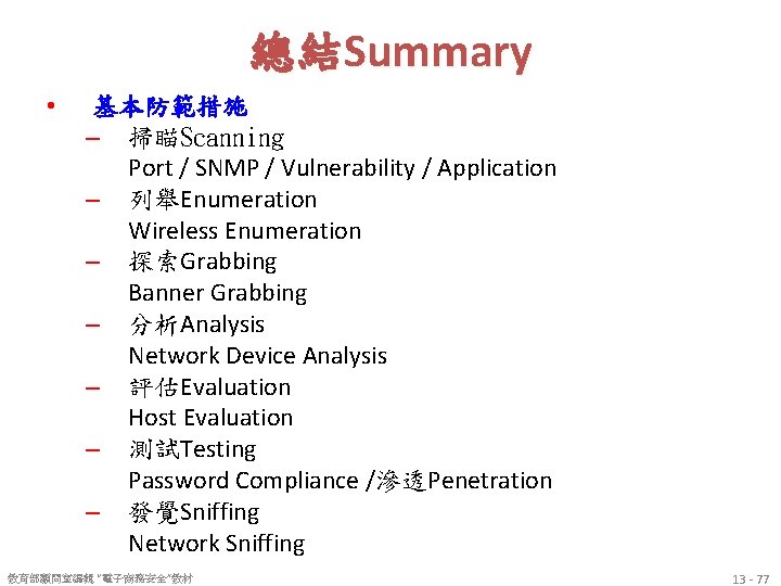 總結Summary • 基本防範措施 – 掃瞄Scanning Port / SNMP / Vulnerability / Application – 列舉Enumeration