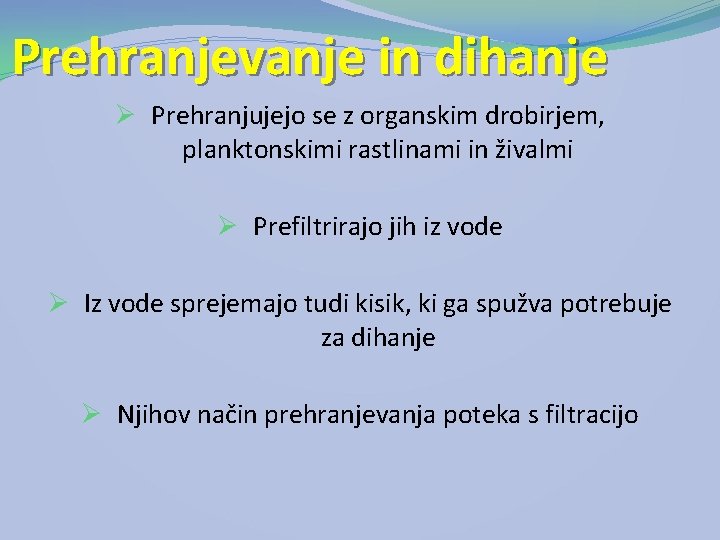Prehranjevanje in dihanje Ø Prehranjujejo se z organskim drobirjem, planktonskimi rastlinami in živalmi Ø