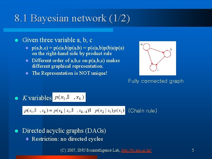 8. 1 Bayesian network (1/2) l Given three variable a, b, c ¨ p(a,
