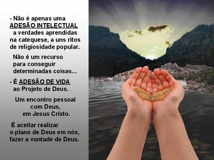 - Não é apenas uma ADESÃO INTELECTUAL a verdades aprendidas na catequese, a uns