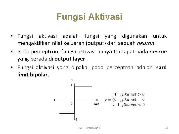 Fungsi Aktivasi • Fungsi aktivasi adalah fungsi yang digunakan untuk mengaktifkan nilai keluaran (output)