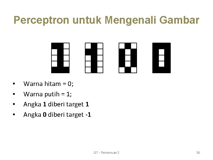 Perceptron untuk Mengenali Gambar • • Warna hitam = 0; Warna putih = 1;