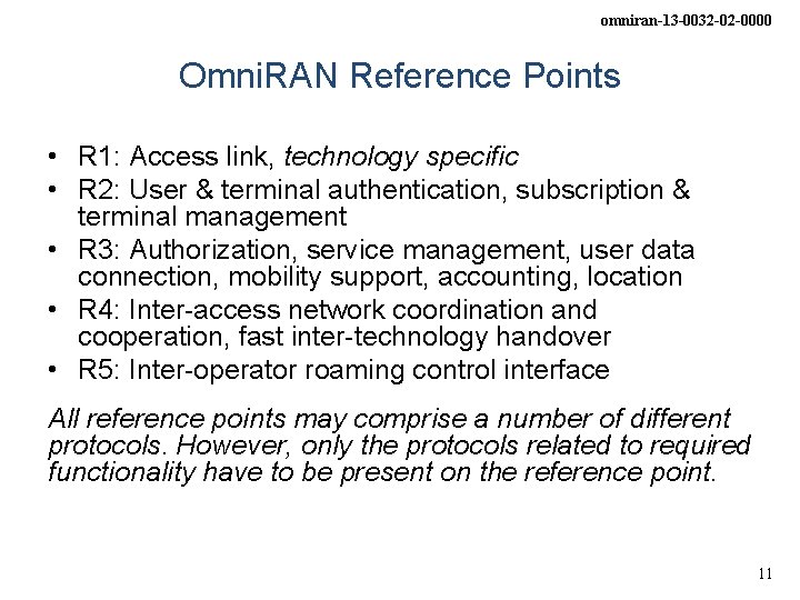 omniran-13 -0032 -02 -0000 Omni. RAN Reference Points • R 1: Access link, technology