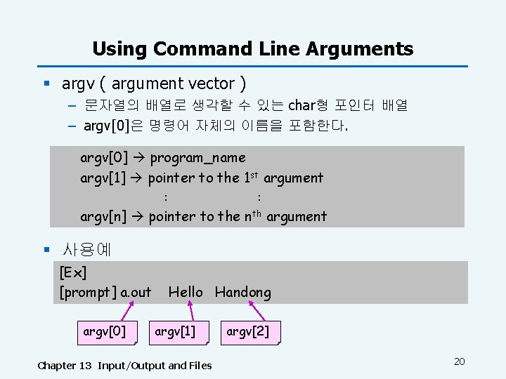 Using Command Line Arguments § argv ( argument vector ) – 문자열의 배열로 생각할