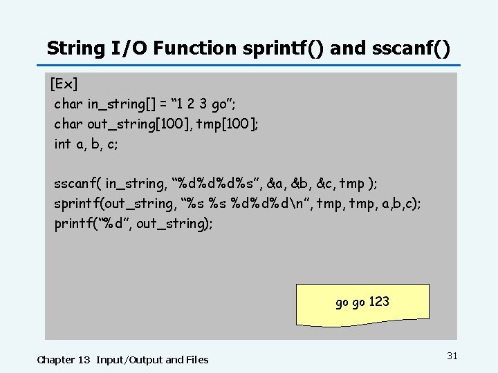 String I/O Function sprintf() and sscanf() [Ex] char in_string[] = “ 1 2 3