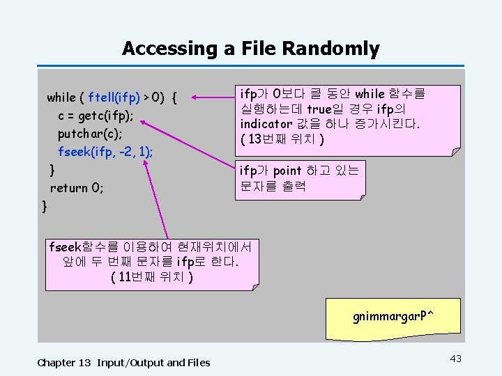 Accessing a File Randomly while ( ftell(ifp) > 0) { c = getc(ifp); putchar(c);