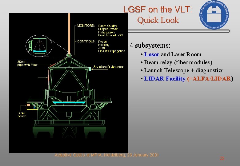LGSF on the VLT: Quick Look 4 subsystems: • Laser and Laser Room •