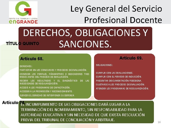 Ley General del Servicio Profesional Docente DERECHOS, OBLIGACIONES Y SANCIONES. TÍTULO QUINTO Artículo 69.
