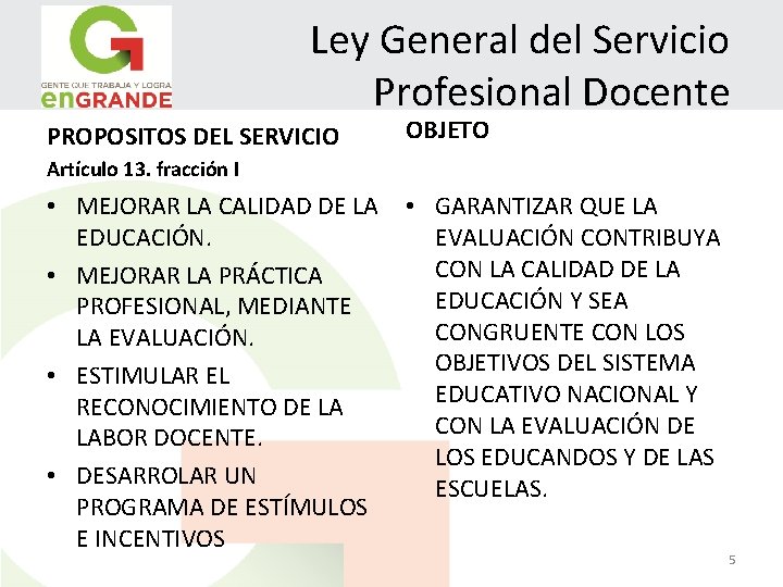 Ley General del Servicio Profesional Docente PROPOSITOS DEL SERVICIO OBJETO Artículo 13. fracción I