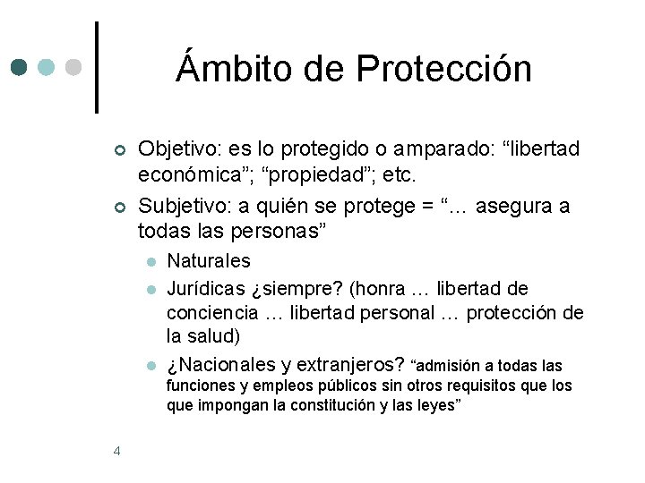 Ámbito de Protección ¢ ¢ Objetivo: es lo protegido o amparado: “libertad económica”; “propiedad”;