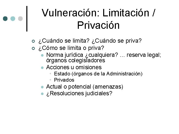 Vulneración: Limitación / Privación ¢ ¢ ¿Cuándo se limita? ¿Cuándo se priva? ¿Cómo se