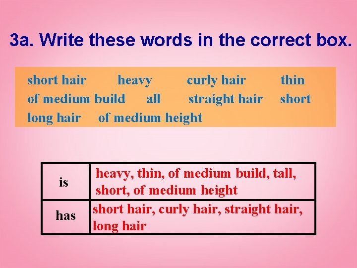 3 a. Write these words in the correct box. short hair heavy curly hair