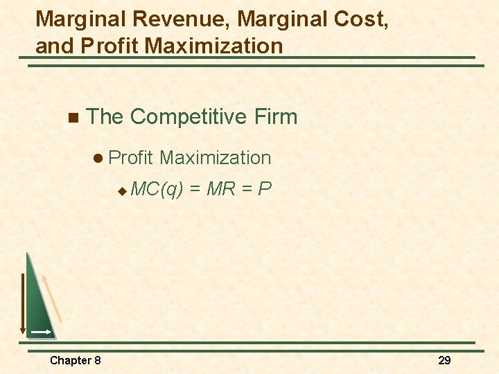 Marginal Revenue, Marginal Cost, and Profit Maximization n The Competitive Firm l Profit u
