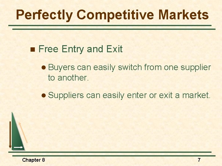 Perfectly Competitive Markets n Free Entry and Exit l Buyers can easily switch from