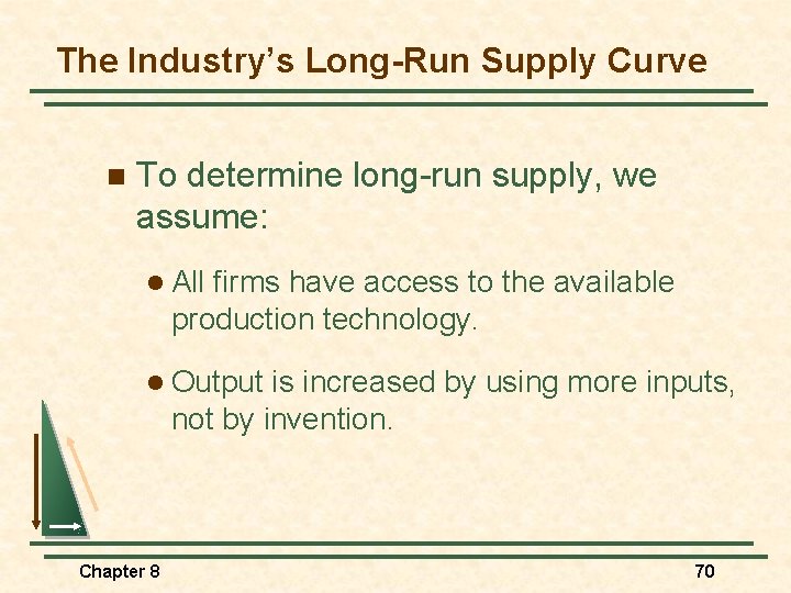 The Industry’s Long-Run Supply Curve n To determine long-run supply, we assume: l All