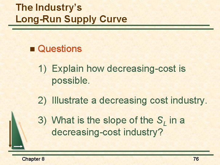 The Industry’s Long-Run Supply Curve n Questions 1) Explain how decreasing-cost is possible. 2)