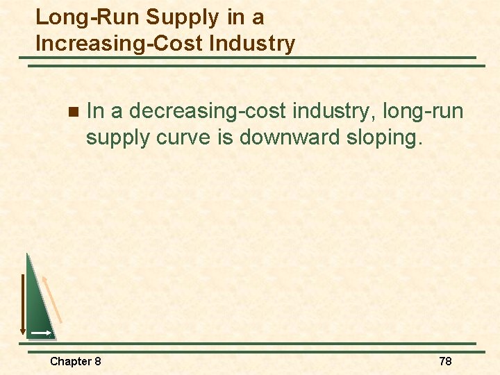 Long-Run Supply in a Increasing-Cost Industry n In a decreasing-cost industry, long-run supply curve
