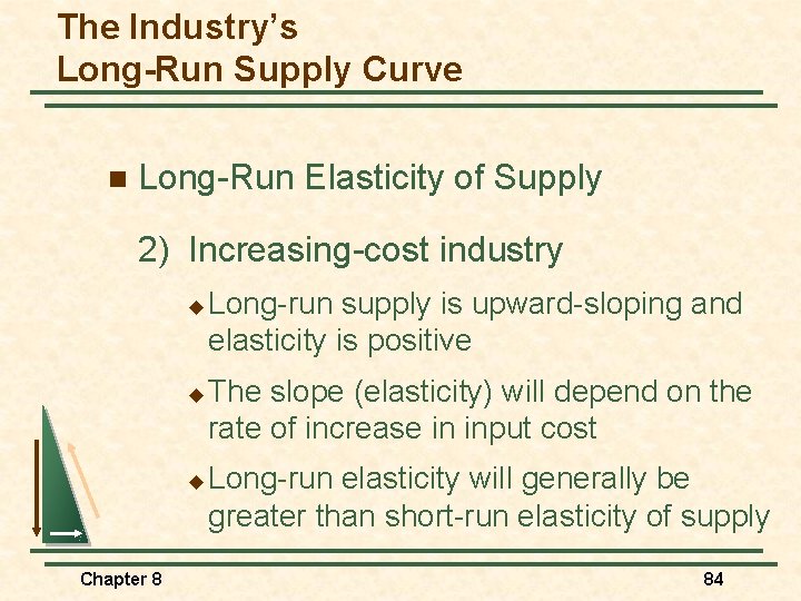 The Industry’s Long-Run Supply Curve n Long-Run Elasticity of Supply 2) Increasing-cost industry u