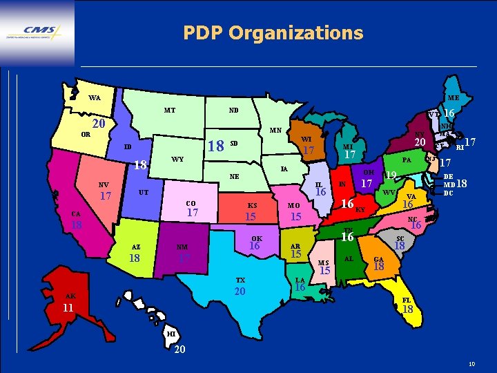 PDP Organizations WA ME MT OR ND 20 NH MN 18 ID 18 NY