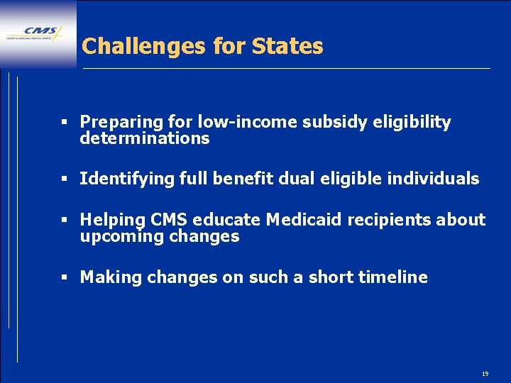 Challenges for States § Preparing for low-income subsidy eligibility determinations § Identifying full benefit