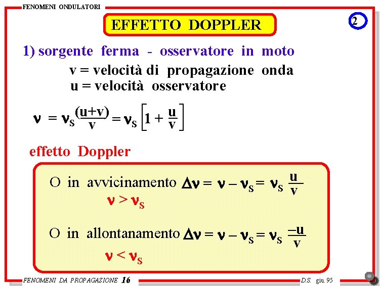 FENOMENI ONDULATORI 2 EFFETTO DOPPLER 1) sorgente ferma - osservatore in moto v =