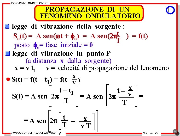 FENOMENI ONDULATORI PROPAGAZIONE DI UN 1 FENOMENO ONDULATORIO legge di vibrazione della sorgente :