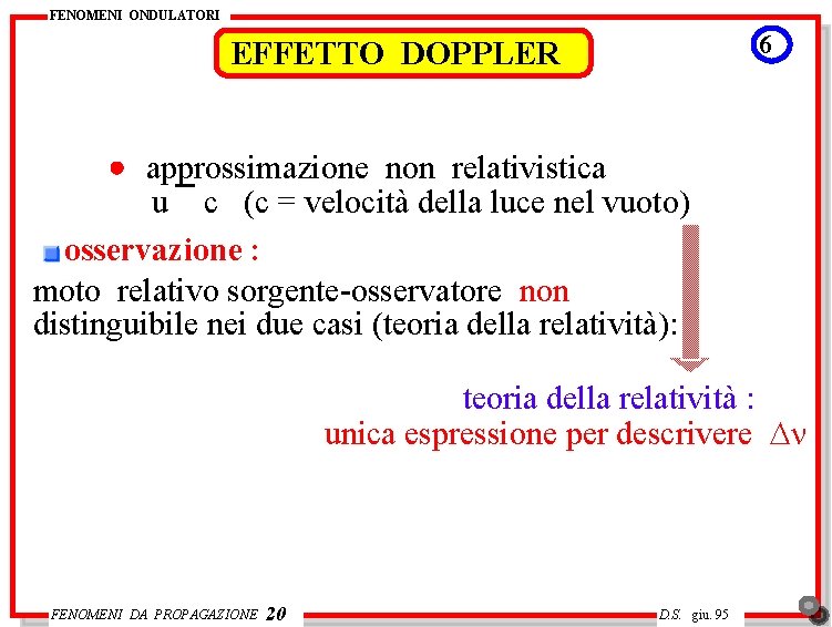 FENOMENI ONDULATORI 6 EFFETTO DOPPLER approssimazione non relativistica u ¯ c (c = velocità