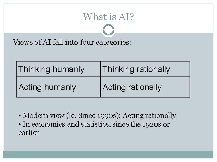 What is AI? Views of AI fall into four categories: Thinking humanly Thinking rationally