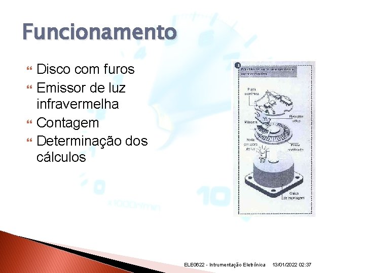 Funcionamento Disco com furos Emissor de luz infravermelha Contagem Determinação dos cálculos ELE 0622