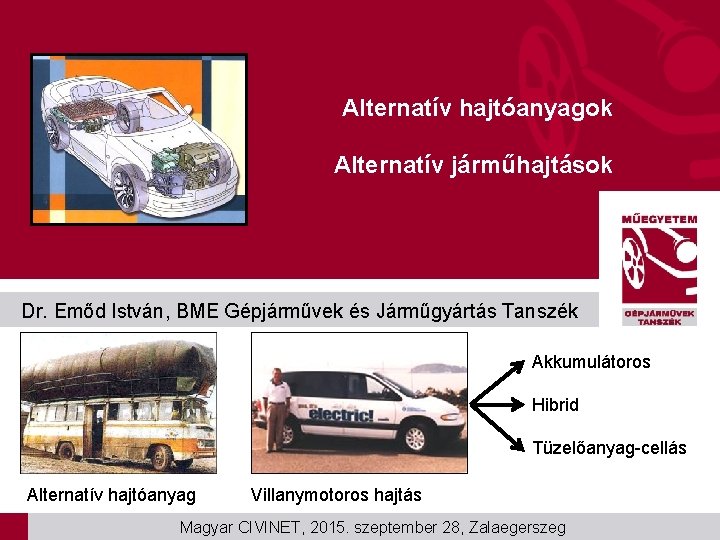 Alternatív hajtóanyagok Alternatív járműhajtások Dr. Emőd István, BME Gépjárművek és Járműgyártás Tanszék Akkumulátoros Hibrid