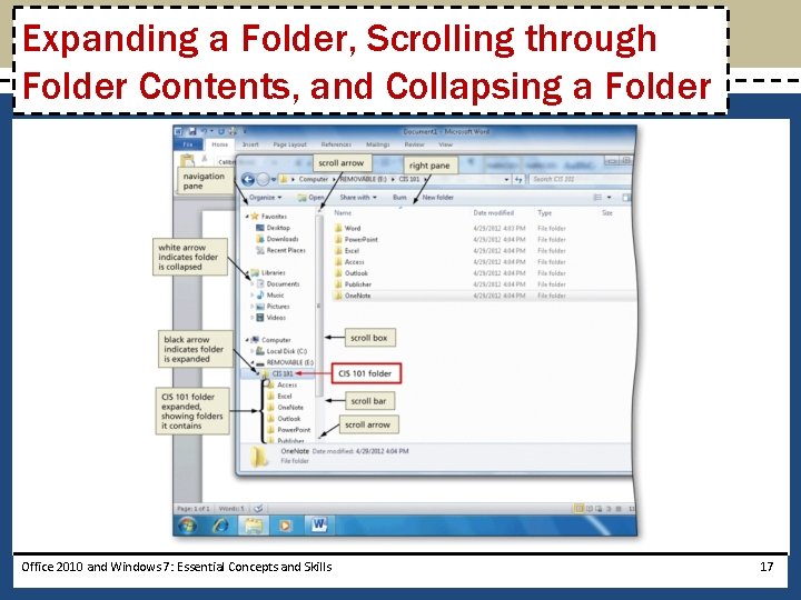 Expanding a Folder, Scrolling through Folder Contents, and Collapsing a Folder Office 2010 and