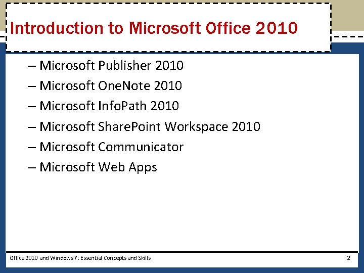 Introduction to Microsoft Office 2010 – Microsoft Publisher 2010 – Microsoft One. Note 2010