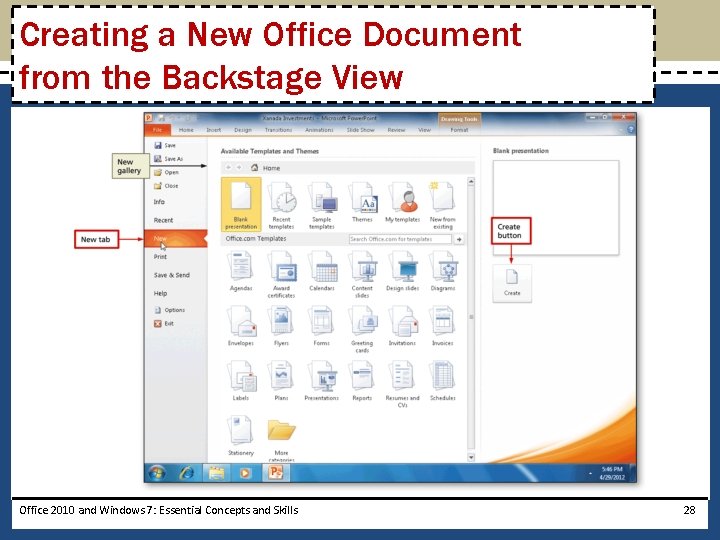 Creating a New Office Document from the Backstage View Office 2010 and Windows 7: