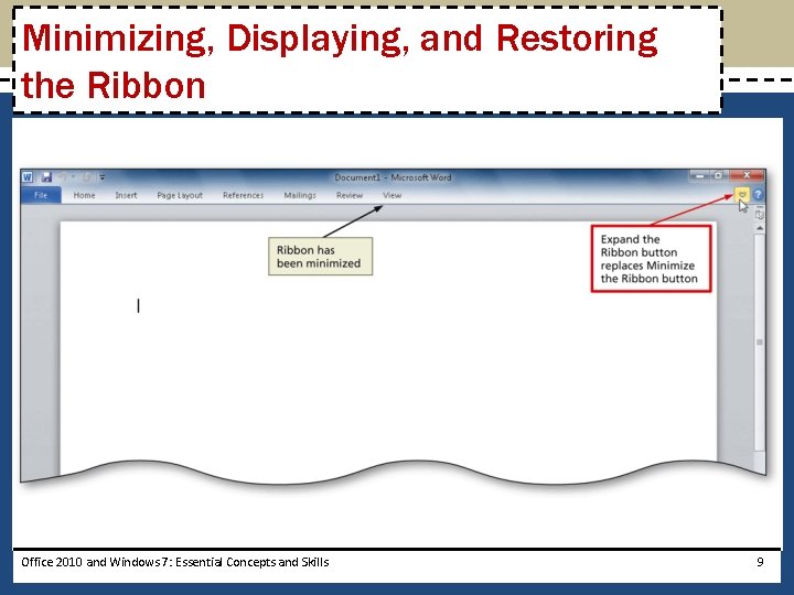 Minimizing, Displaying, and Restoring the Ribbon Office 2010 and Windows 7: Essential Concepts and