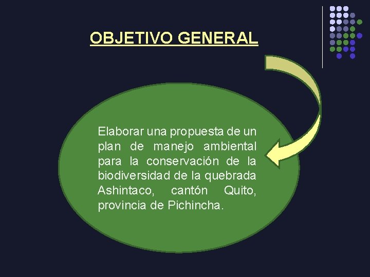 OBJETIVO GENERAL Elaborar una propuesta de un plan de manejo ambiental para la conservación