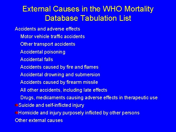 External Causes in the WHO Mortality Database Tabulation List Accidents and adverse effects Motor