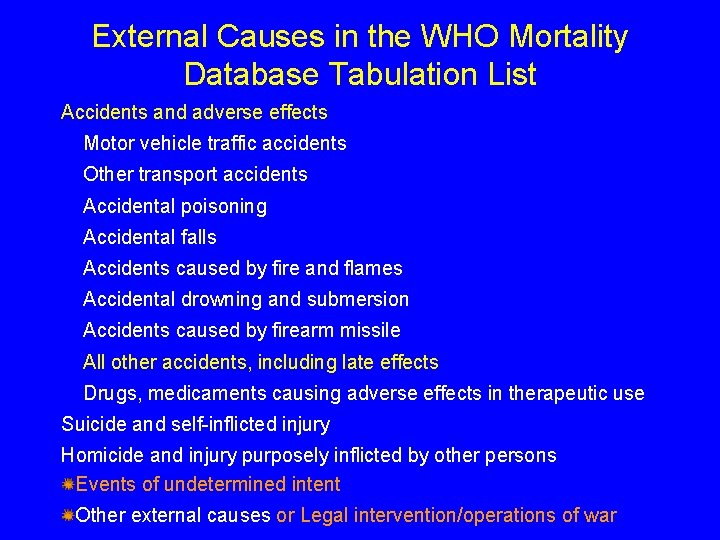 External Causes in the WHO Mortality Database Tabulation List Accidents and adverse effects Motor