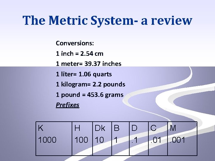The Metric System- a review Conversions: 1 inch = 2. 54 cm 1 meter=