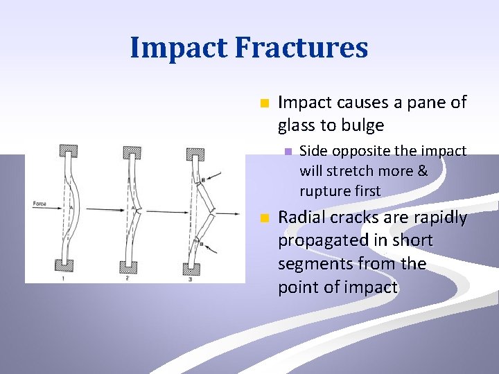 Impact Fractures n Impact causes a pane of glass to bulge n n Side