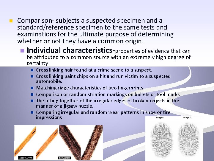 n Comparison- subjects a suspected specimen and a standard/reference specimen to the same tests