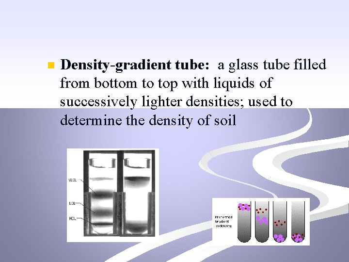 n Density-gradient tube: a glass tube filled from bottom to top with liquids of