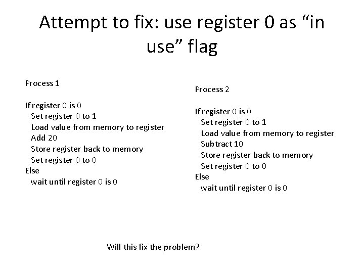 Attempt to fix: use register 0 as “in use” flag Process 1 Process 2
