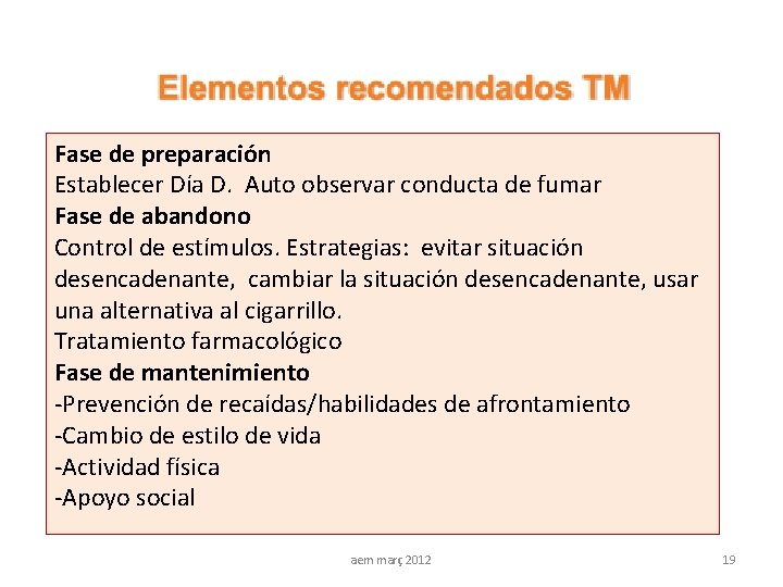 Fase de preparación Establecer Día D. Auto observar conducta de fumar Fase de abandono