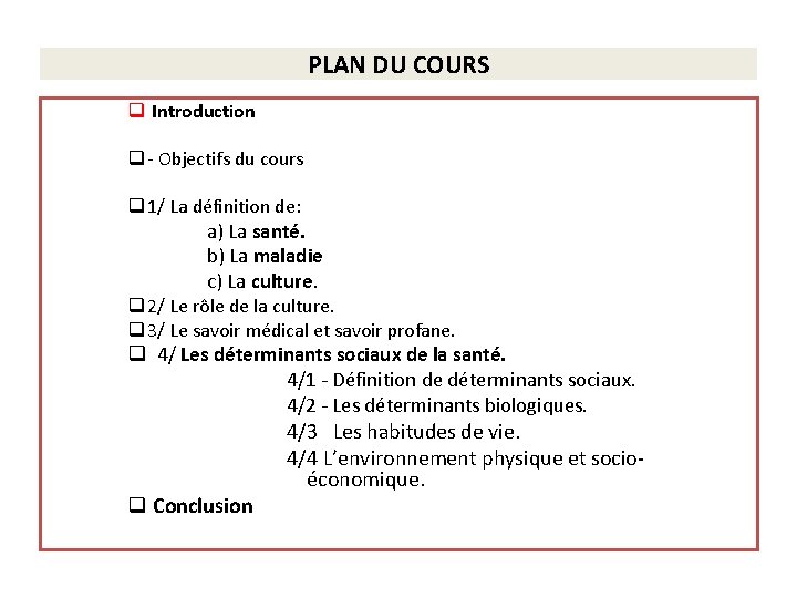 PLAN DU COURS q Introduction q - Objectifs du cours q 1/ La définition