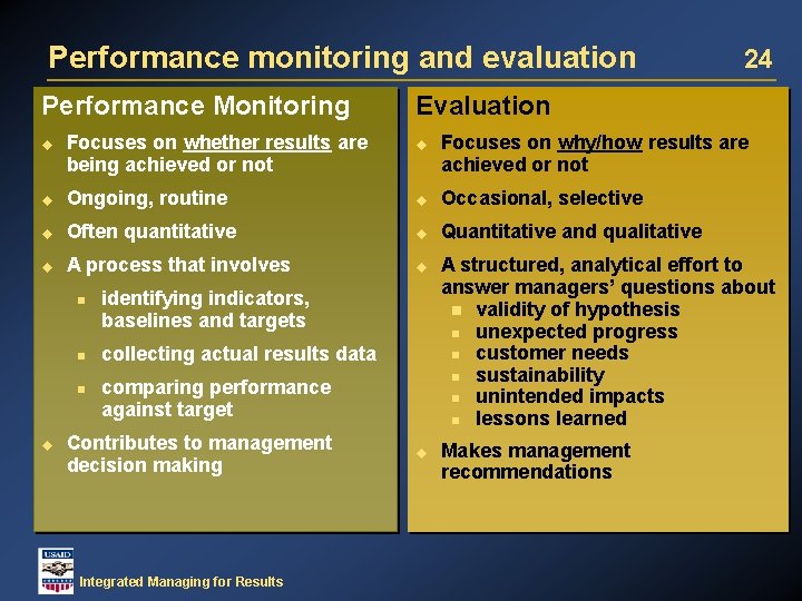Performance monitoring and evaluation Performance Monitoring u Focuses on whether results are being achieved