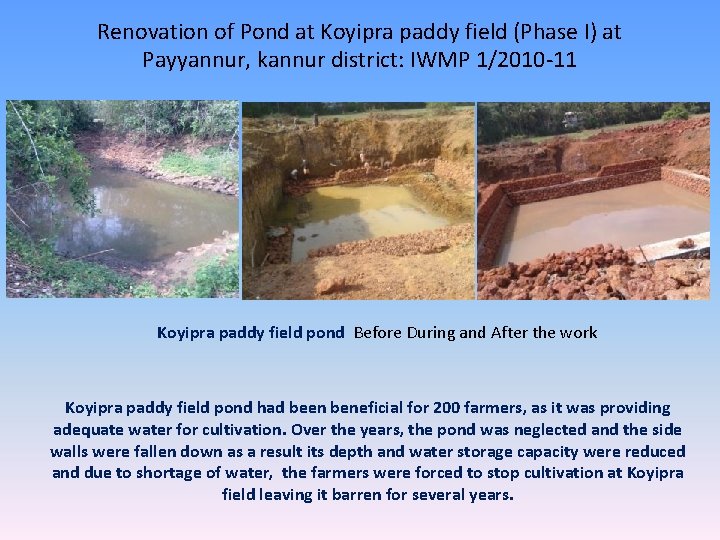 Renovation of Pond at Koyipra paddy field (Phase I) at Payyannur, kannur district: IWMP