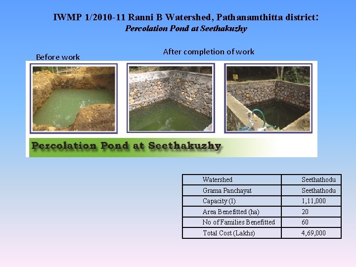 IWMP 1/2010 -11 Ranni B Watershed, Pathanamthitta district: Percolation Pond at Seethakuzhy Before work