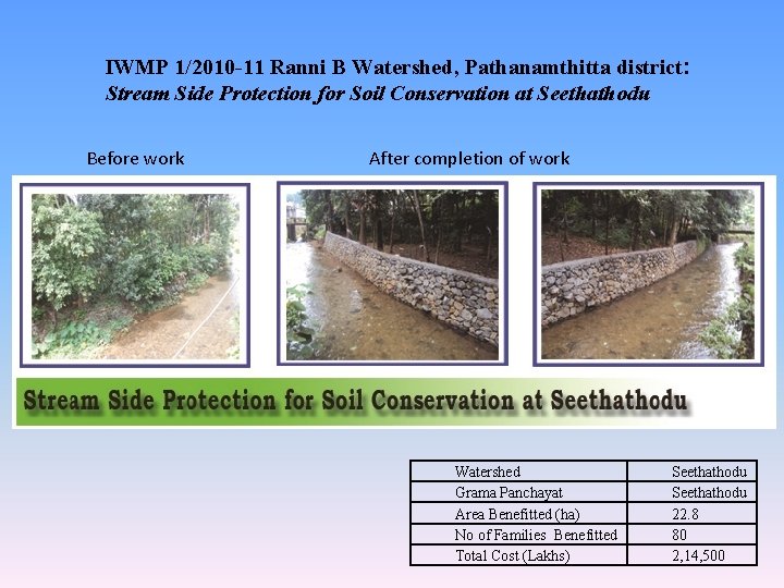 IWMP 1/2010 -11 Ranni B Watershed, Pathanamthitta district: Stream Side Protection for Soil Conservation