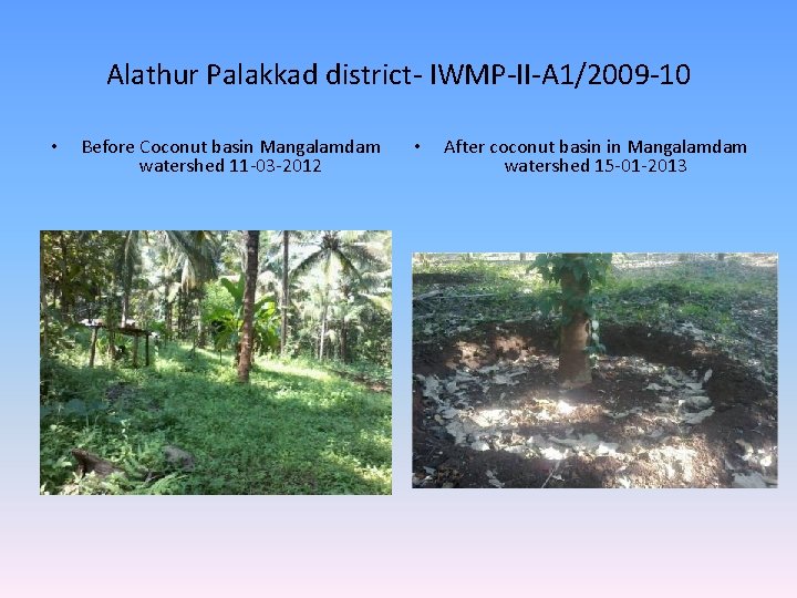 Alathur Palakkad district- IWMP-II-A 1/2009 -10 • Before Coconut basin Mangalamdam watershed 11 -03