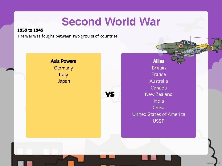 Second World War 1939 to 1945 The war was fought between two groups of